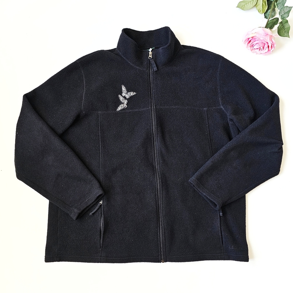 🦋 L.L.Bean Black Full-Zip Fleece Jacket Butterfly Patch Detail Women’s 2X